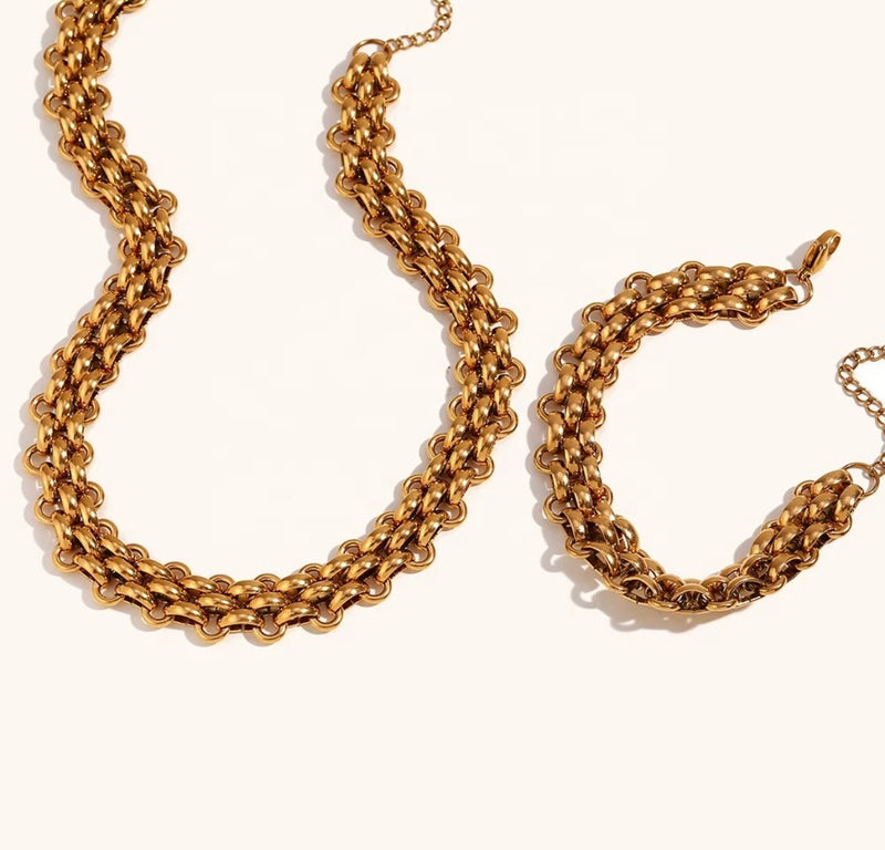 Cable Chain 18k Gold Plated Necklace and Bracelet Set