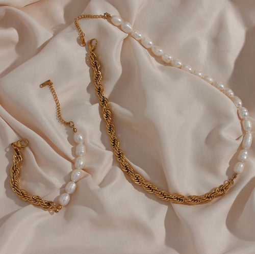Twisted Gold Chain with Freshwater Pearl Bracelet & Necklace