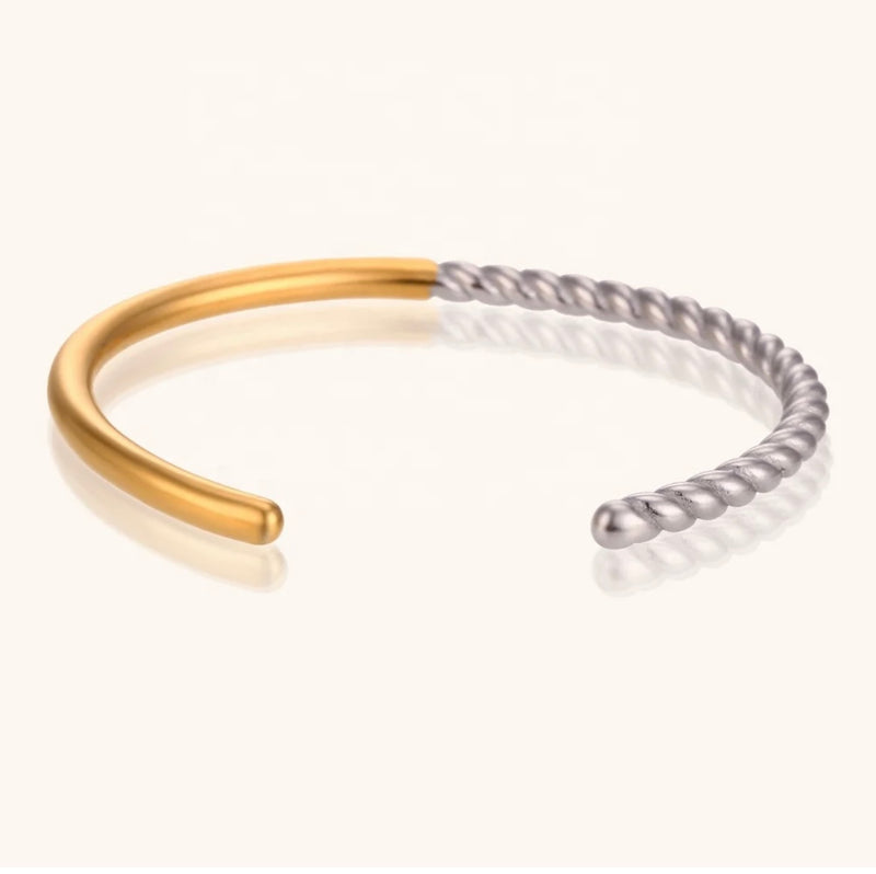 Half Twisted Bangle Bracelet in Silver and Gold