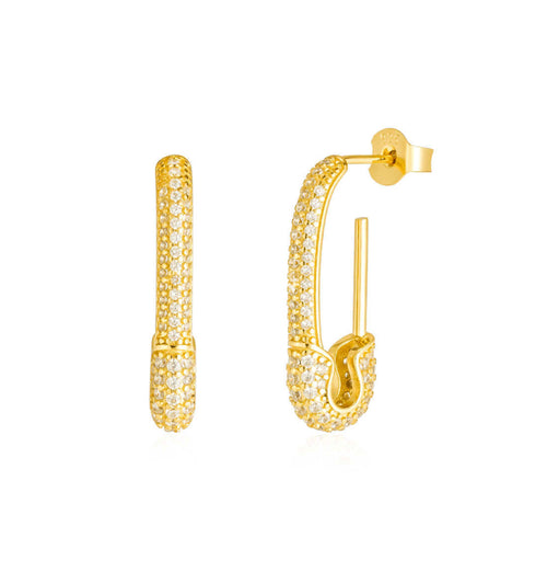 Safety Pin-Inspired Cubic Zirconia Gold Plated Earrings